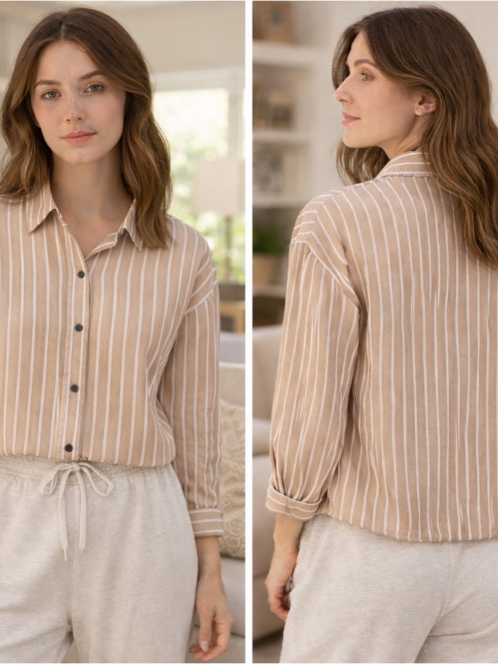 Everlane Button Up Crop PJ Top Size M Brown White Stripe Boxy Cotton NWT
